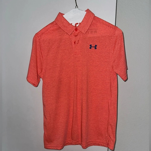 Under Armour Boys YLG Polo Orange Stripped - Picture 1 of 7